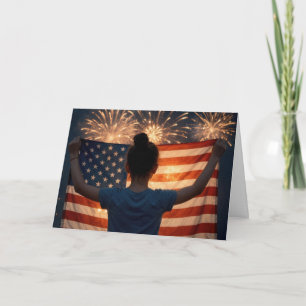 4. Juli Mädchen mit Flagge und Feuerwerk Karte