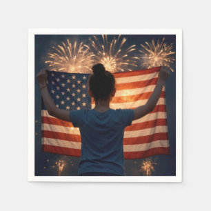 4. Juli Mädchen mit Flagge und Feuerwerk Serviette