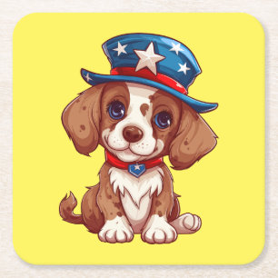 4. Juli Niedliche Welpe mit American Hat-71009 Rechteckiger Pappuntersetzer