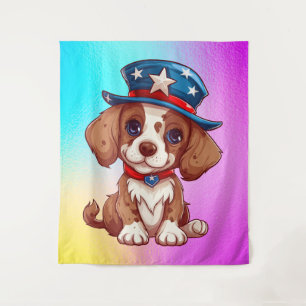4. Juli Niedliche Welpe mit American Hat-71009 Wandteppich