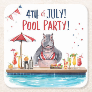 4. Juli Nilpferd Bikini in Poolparty Rechteckiger Pappuntersetzer