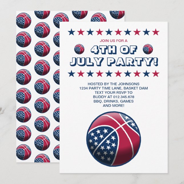 4. Juli Party Basketball Einladung (Vorne/Hinten)