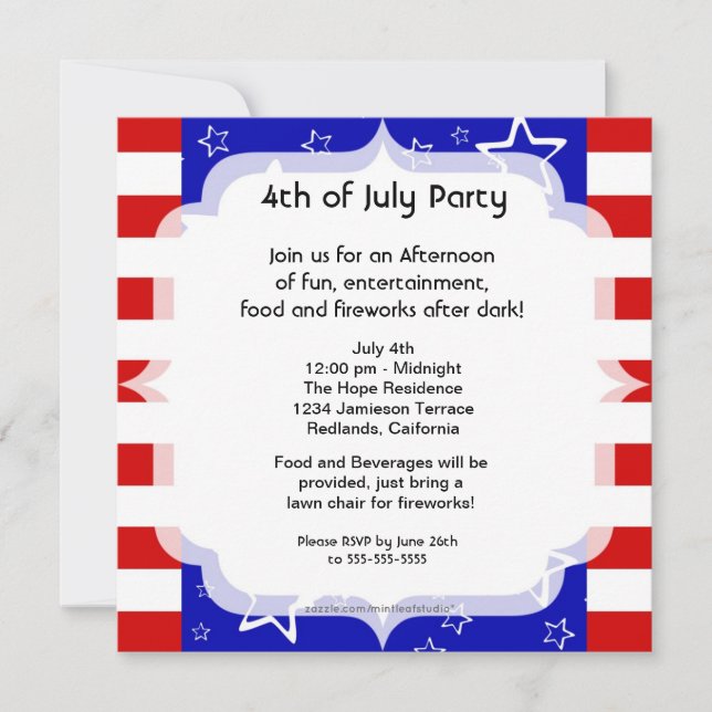 4. Juli Party / Grillen Einladung Rot Weiß Blau (Vorderseite)