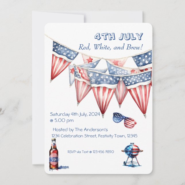4. Juli Party GRILLEN Einladung Wasserfarbe (Vorderseite)