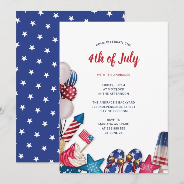 4. Juli Party Red White Blue Modern Stars Streifen Einladung (Vorne/Hinten)