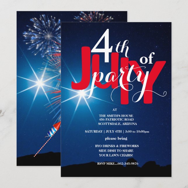 4. Juli Party Stars & Feuerwerke Einladungen (Vorne/Hinten)