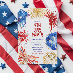 4. Juli-Party, Wasserfarben-Feuerwerk  Einladung