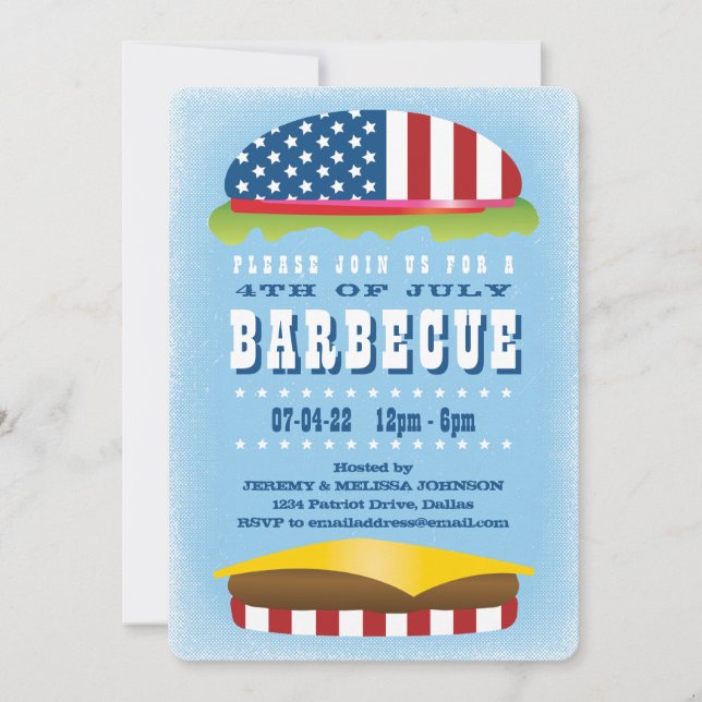 4. Juli Patriotic Burger Barbecue Einladung (Vorderseite)