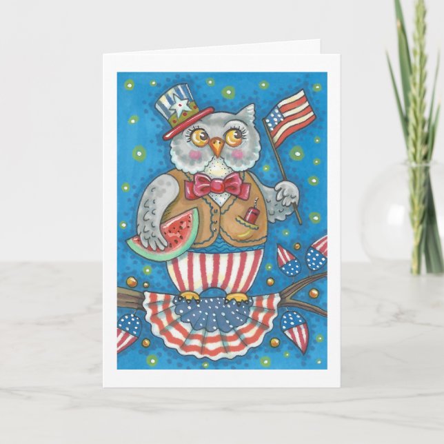 4. JULI PATRIOTIC OWL GREETING CARD Verse Karte (Vorderseite)