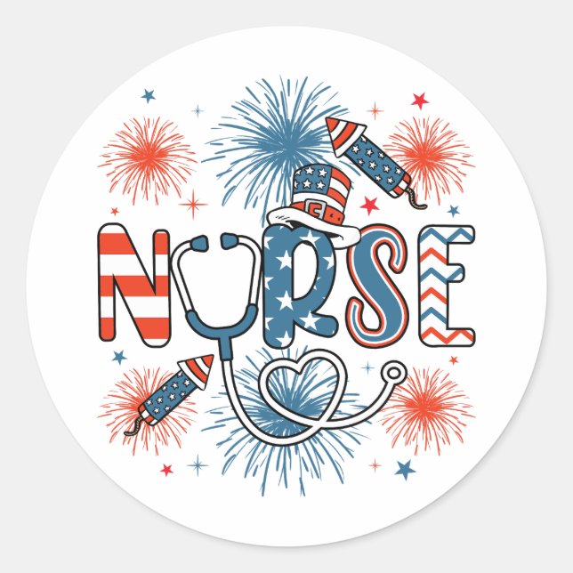 4. Juli Patriotische Krankenschwester Runder Aufkleber (Vorderseite)