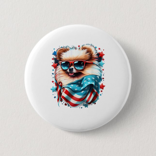 4. Juli Patriotischer Spitz Hund US-Flagge Button (Vorderseite)