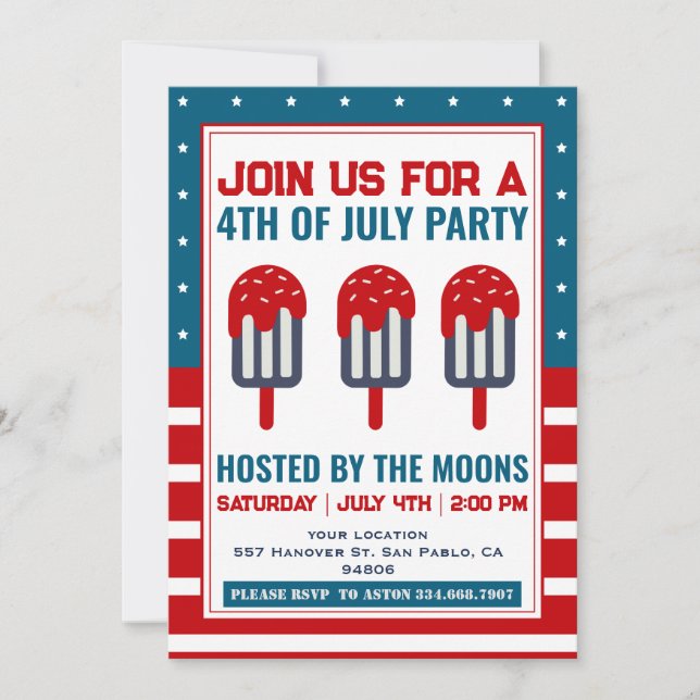 4. Juli Patriotisches Ice Cream Pop Party Einladung (Vorderseite)