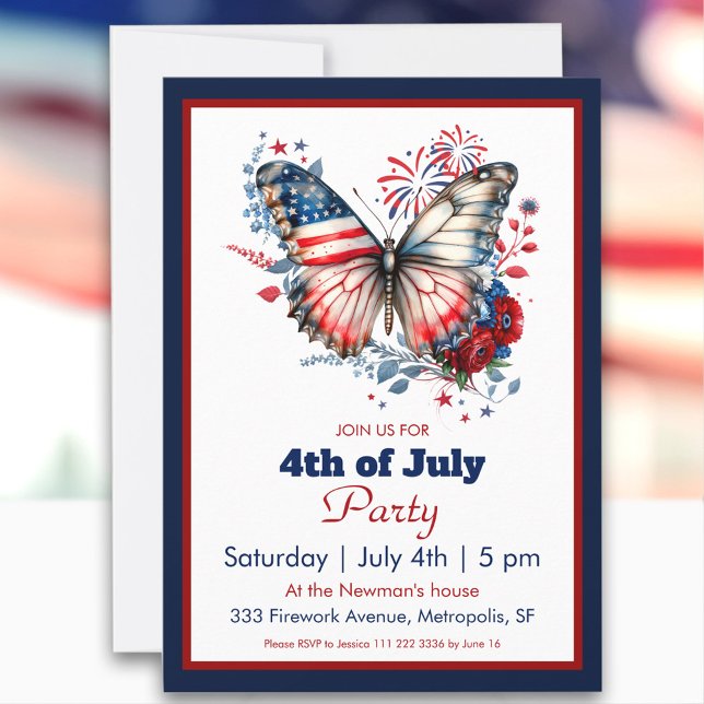 4. Juli Patriotisches Schmetterling & Feuerwerk Pa Einladung (4th of July Patriotic Butterfly & Fireworks Party Invitation)