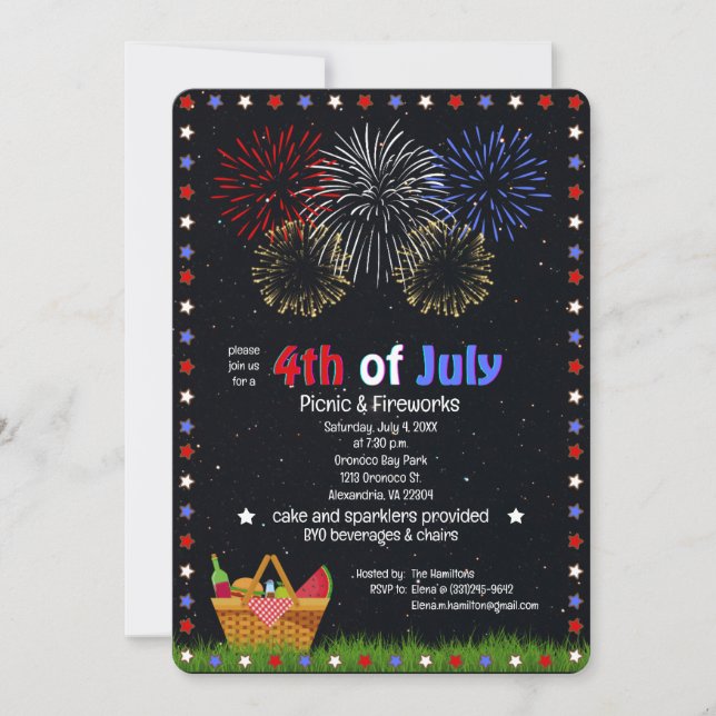 4. Juli Picknick unter Feuerwerk Nachthimmel Einladung (Vorderseite)
