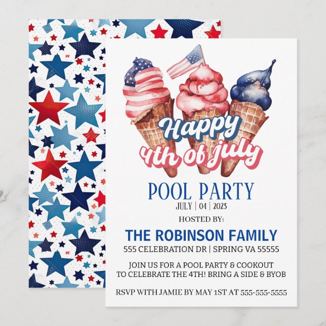 4. Juli Pool Party Einladung (Vorne/Hinten)