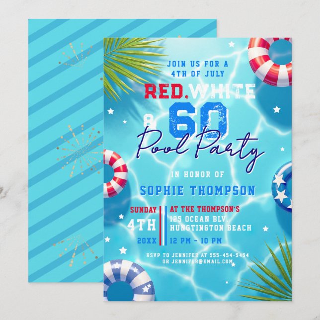 4. Juli Poolparty Frau Modern 60. Geburtstag Einladung (Vorne/Hinten)