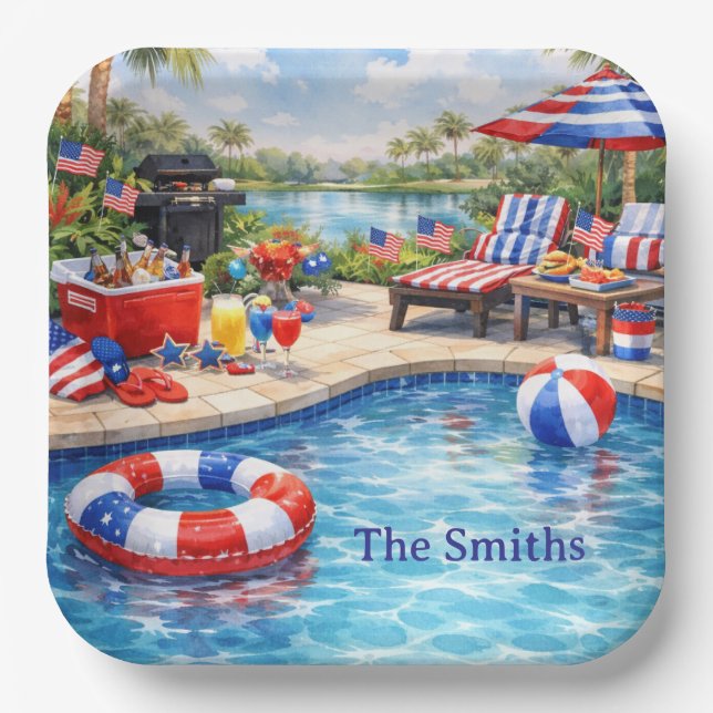 4. Juli-Poolparty in Florida Pappteller (Vorderseite)