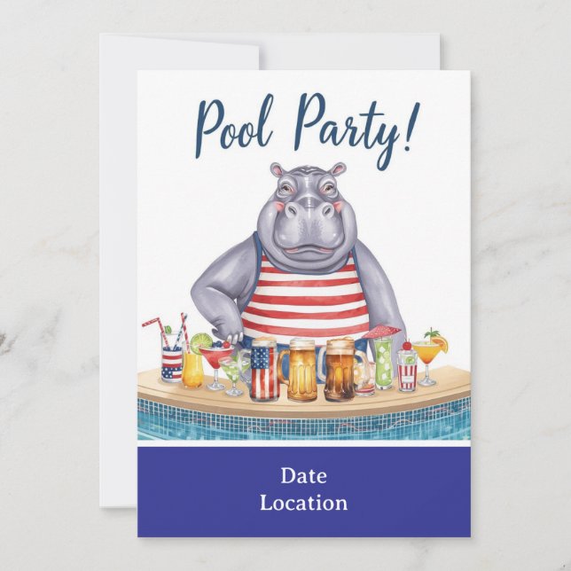 4. Juli-Poolparty mit Nilpferd im Bikini  Einladung (Vorderseite)