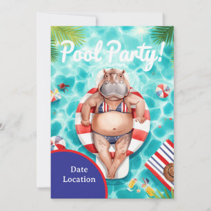 4. Juli Poolparty mit Nilpferd im Bikini  Einladung