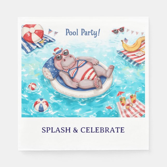 4. Juli Poolparty mit Nilpferd im Bikini  Serviette (Vorderseite)