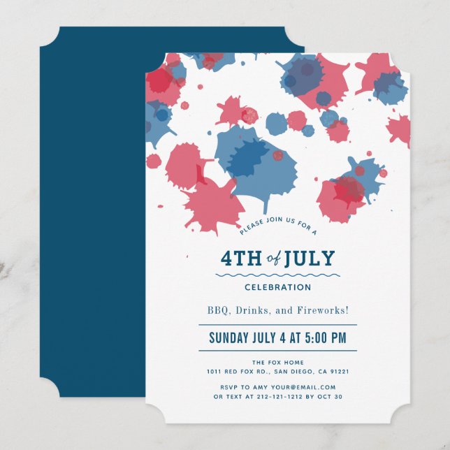 4. Juli Red & Blue Spritzers Party Einladung (Vorne/Hinten)