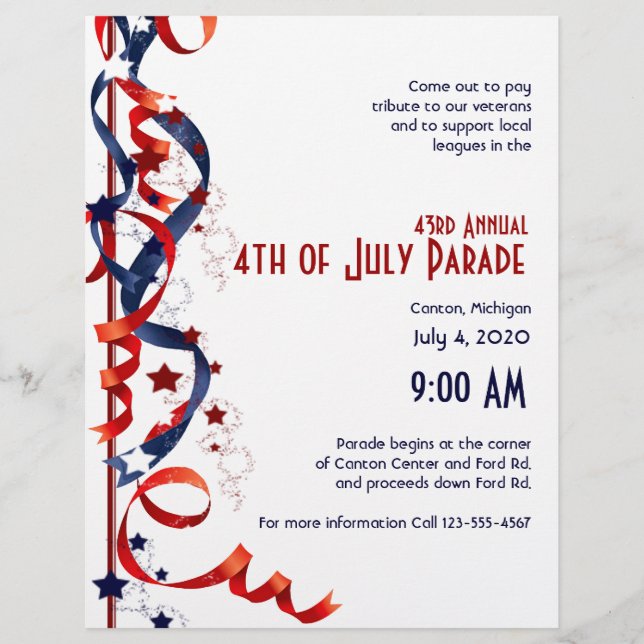 4. Juli Red White und Blue Ribbons and Stars Flyer (Vorne)