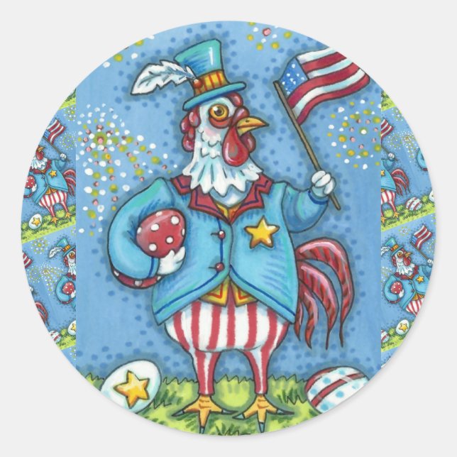 4. JULI ROOSTER, FEINDLICHE PATRIOTISCHE KÜCHE RUNDER AUFKLEBER (Vorderseite)