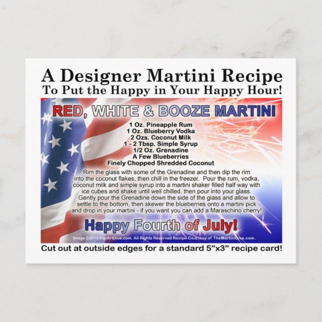 4. Juli Rot, White Booze Martini Rezept Postkarte (Vorderseite)