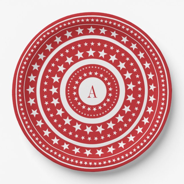 4. Juli Rote Sterne Monogram Party Paper Teller (Vorderseite)