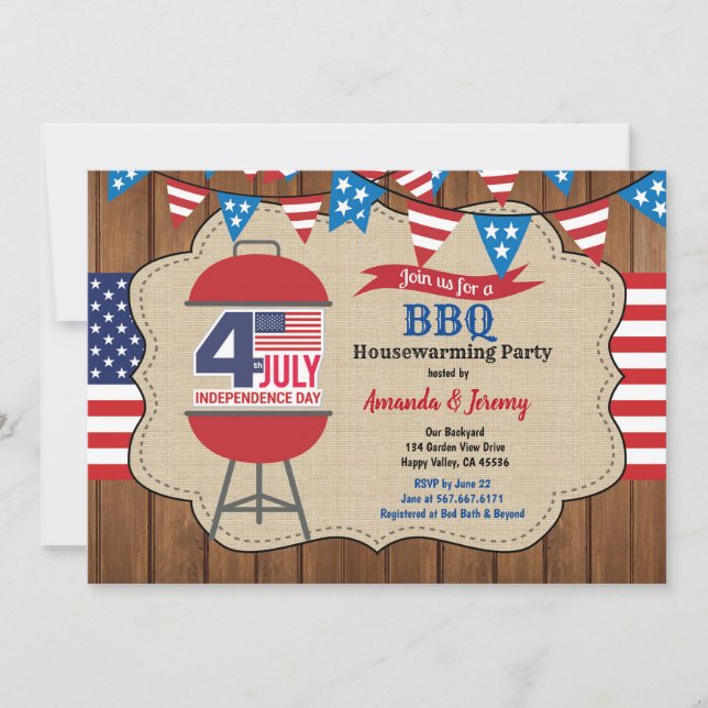 4. Juli rustikales Holz Housewarming-Party GRILLEN Einladung (Vorderseite)