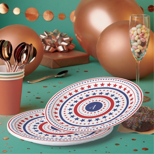 4. Juli Stars und Ringe Monogramm GRILLEN Party Pappteller (Multi)
