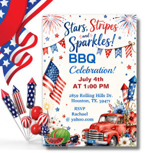4. Juli Sterne Streifen Glitzer BBQ-Feier Einladung
