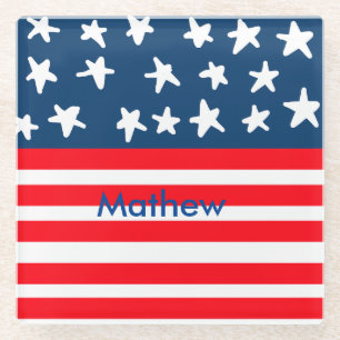 4. Juli Unabhängigkeitstag: Namenstext US-Flagge h Glasuntersetzer
