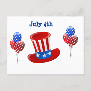 4. Juli Uncle Sam Hat and Balloons Postkarte