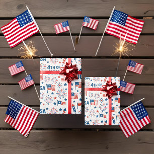 4. Juli   USA Flag, Fireworks & Stars Geschenkpapier