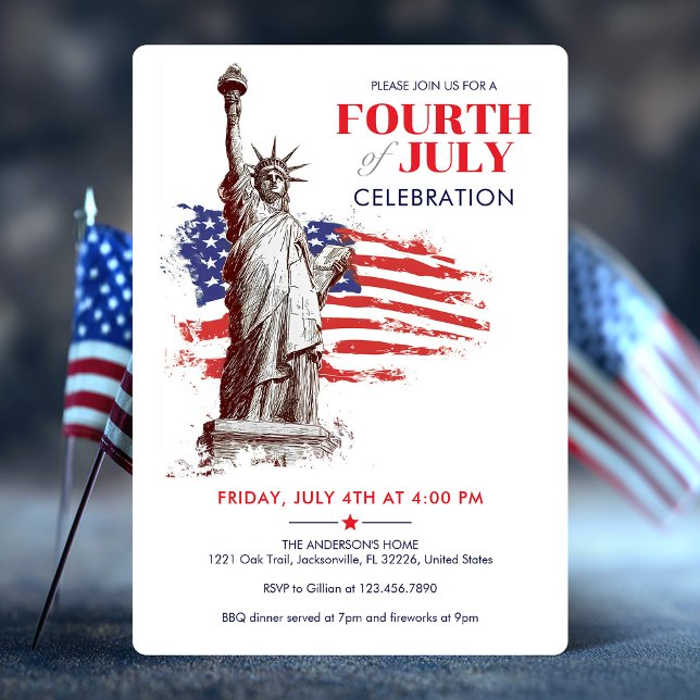 4. Juli USA Flag & Statue of Liberty Illustration Einladung (July 4th USA Flag & Statue of Liberty illustration Invitation)