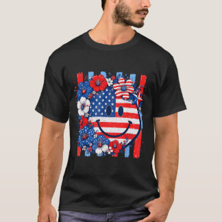 4. Juli USA Lächeln Gesicht Floral Patriotisch Fra T-Shirt
