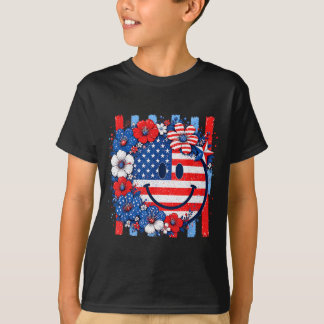 4. Juli USA Lächeln Gesicht Floral Patriotisch Fra T-Shirt