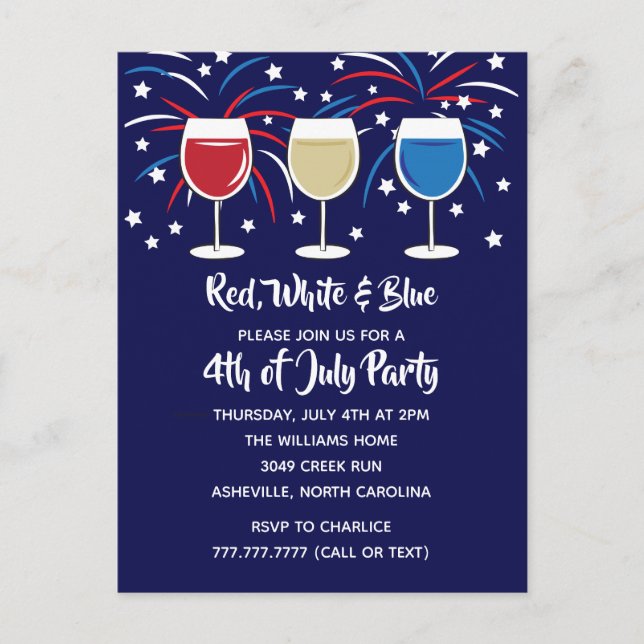 4. Juli Wein Rot Weiß und Blau Party Einladungspostkarte (Vorderseite)