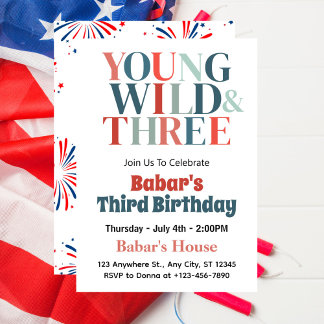 4. Juli Young Wild und Three Boy 3. Geburtstag Einladung