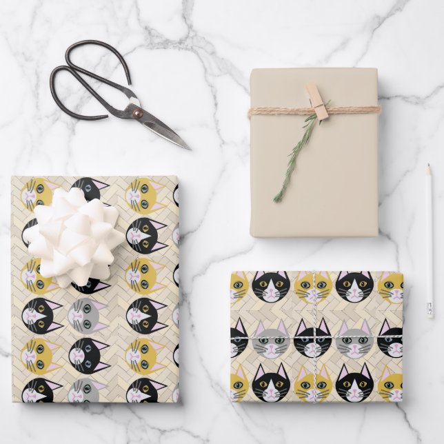 4 Katzen, Herringbone Beige Geschenkpapier Set (Vorderseite)