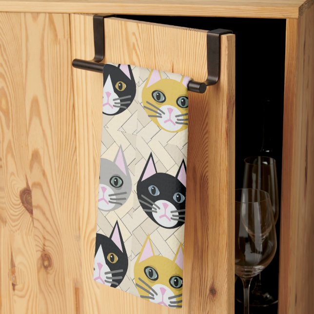 4 Katzen, Herringbone Beige Geschirrtuch (Drittel gefaltet)