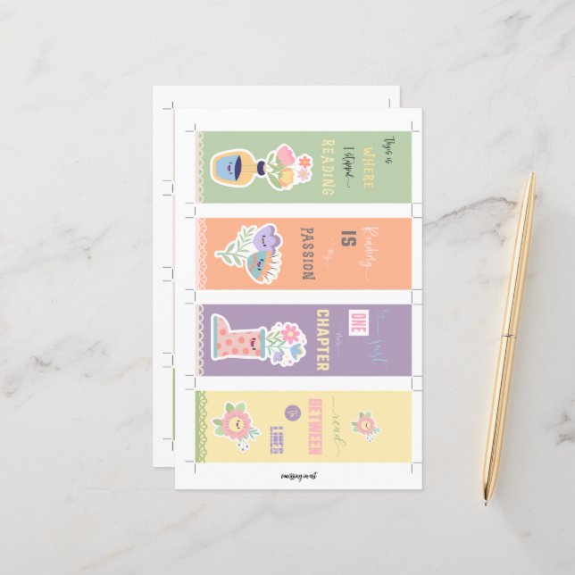 4 Kawaii Floral Lesezeichen mit Schnitthand (Vorderseite/Rückseite Beispiel)