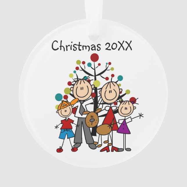 4-köpfige Strichmännchen-Familie, Hunde-Acrylschmu Ornament (Rückseite)