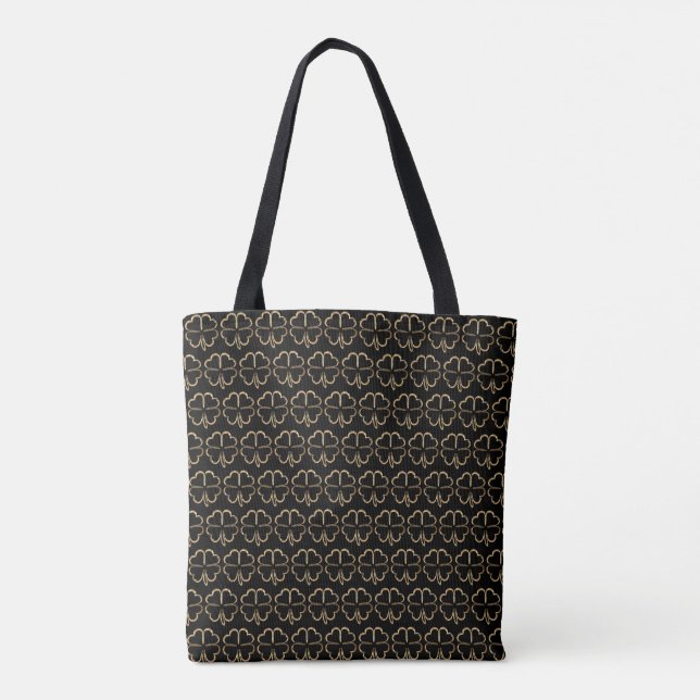 4 Leaf Clover Pattern Black and Gold Viel Glück Tasche (Rückseite)
