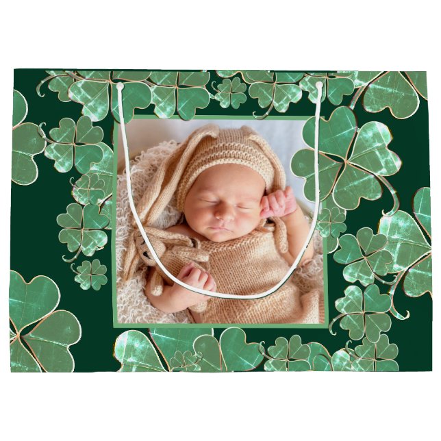 4 Leaf Kleeblatt + Foto Forest Green Große Geschenktüte (Rückseite)