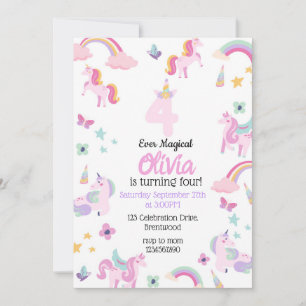 4 mal magisch, Einhorn Geburtstag, Regenbogen Einladung
