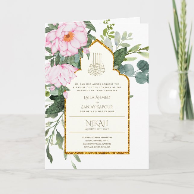 4 Page NIKAH WALIMA Invitation rose floral islamiq (Devant)