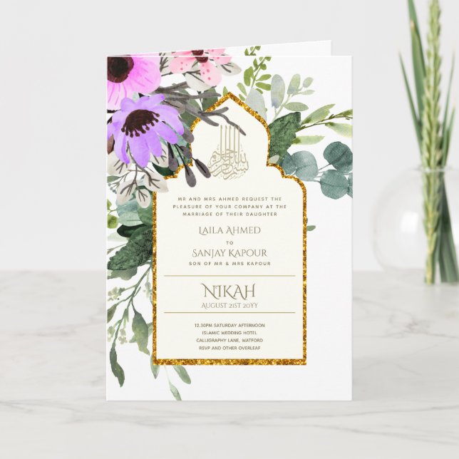4 Page NIKAH WALIMA Invitation rose floral islamiq (Devant)