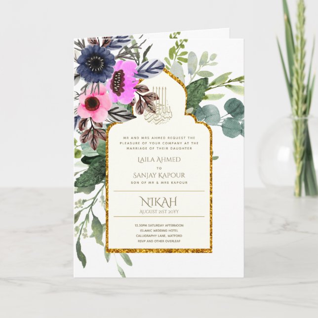 4 Page NIKAH WALIMA Invitation rose floral islamiq (Devant)